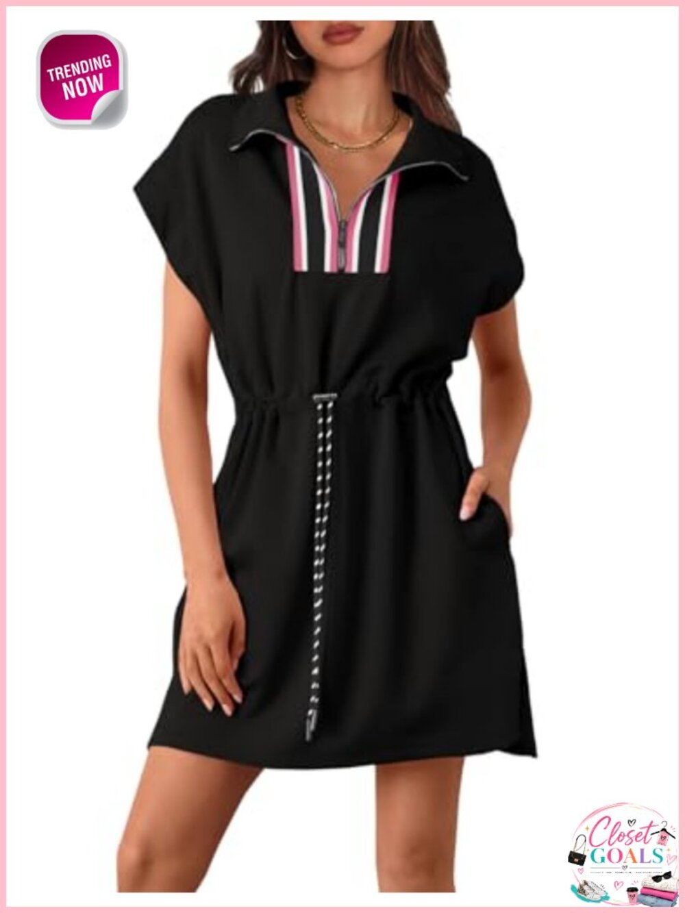 Women's Short Sleeve Mini Dress Quarter Zip V Neck Drawstring Waist Loose Fit